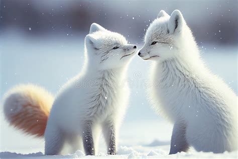 White Arctic Fox Foxes Pup Pups Puppy Puppies In Snow Stock Photo