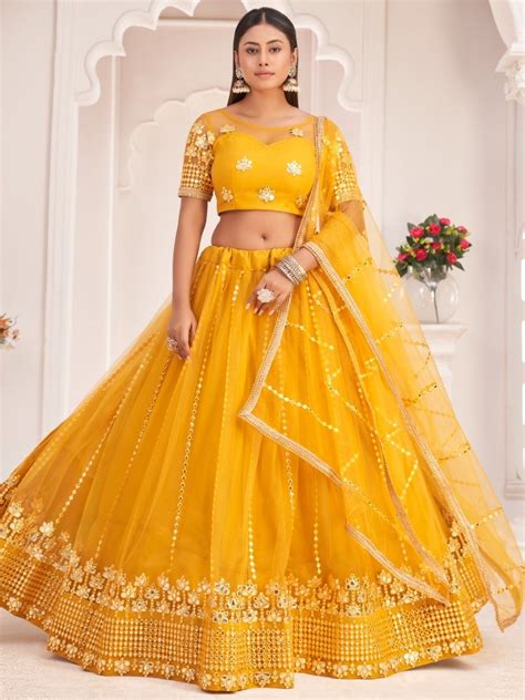 Buy Marvelous Mustard Yellow Thread Embroidered Butterfly Net Lehenga Choli From Zeel Clothing