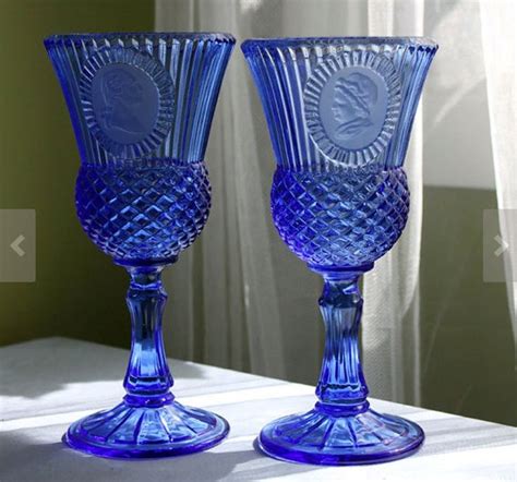 Fostoria Cobalt Blue Glass Goblets With George And Martha Washington And Water Pitcher Depicts