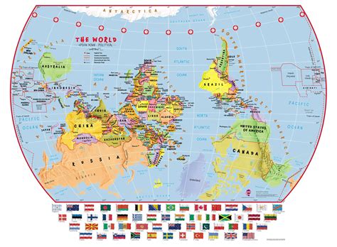 Huge Elementary School Upside Down Political World Wall Map With Flags
