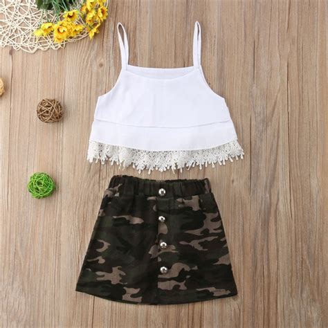 Summer Sleeveless Crop Tops Tassel Lace Camouflage Skirt