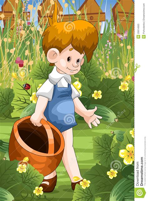 Boy Collect Cucumbers Character Cartoon Style Illustratio Stock