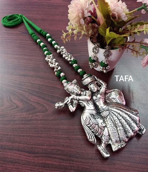 Radha Krishna And Lord Ganesha Oxidised Necklace Set Silver Jewellery
