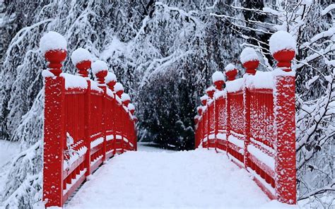 Winter Season Snow Trees Red Bridges Backgrounds Snowy Bridge Hd