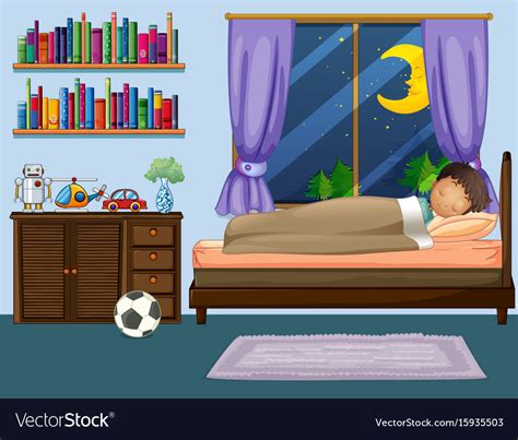 Boy Sleeping In Bedroom At Night Royalty Free Vector Image