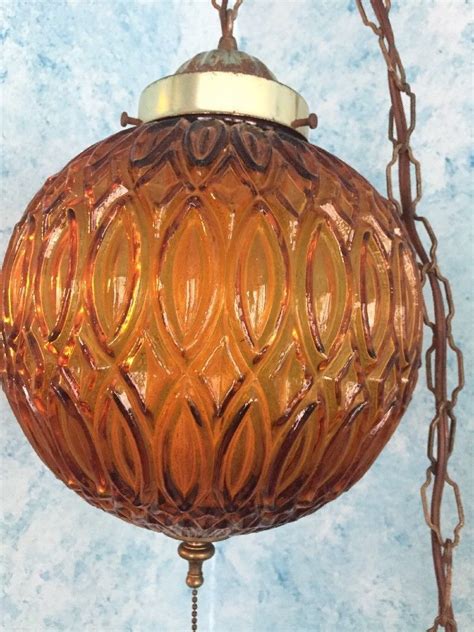 Vintage Amber Glass Hanging Ceiling Swag Orb Globe Light Lamp Mid