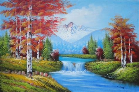Small Waterfall Scenery In Autumn Oil Painting Landscape Naturalism 24