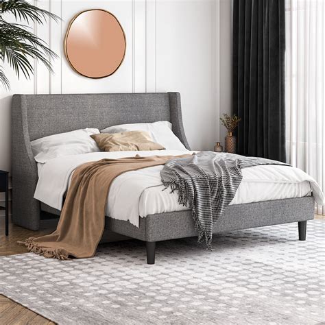 Amolife Queen Size Modern Platform Upholstered Bed Frame With Deluxe Wingbacklight Grey