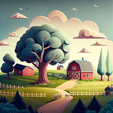 Sunny Day Village Farm House Cartoon Background Vector Farm House