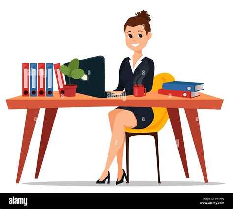 Mujer De Negocios Sentada En La Mesa Cute Dibujos Animados Empresaria