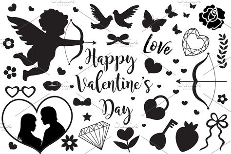 Happy Valentines Day Set Of Icons Stencil Black Silhouette Cute