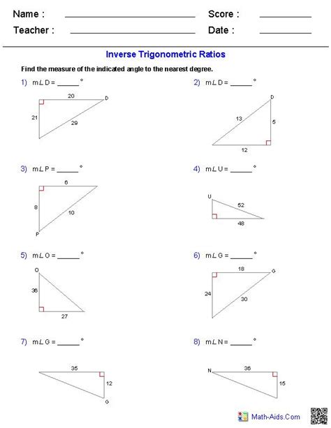 Trigonometric Ratios And Finding Missing Sides Worksheets Answers