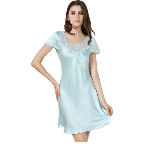 New 100 Silk Satin Women Nightgown Short Sleeves Nightdress Solid Color Elegant Ladies