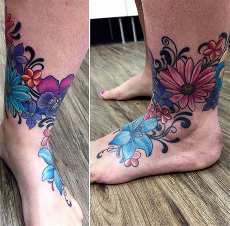 Flower Tattoo On Foot And Ankle Colourful Flower Realism Daisies