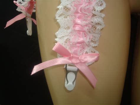 Adult Sissy 6 Garter Strap PINK White Lace Garter Belt SATIN LACE