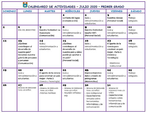 Calendario De Actividades Escolares 2020