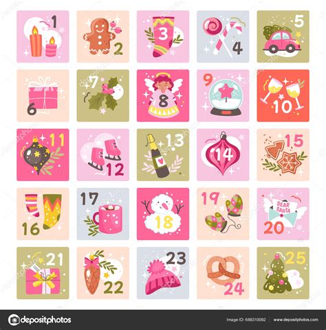 Cute Girlish Christmas Advent Calendar Template Preparation Winter
