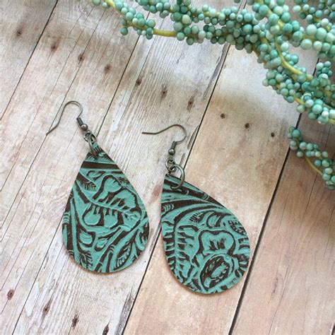 Teardrop Leather Earrings Aqua Embossed Leather Teardrop Earrings