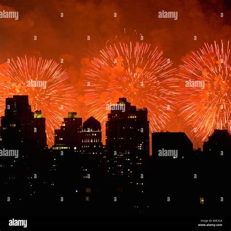 Fireworks Over New York City Skyline Stock Photo Alamy