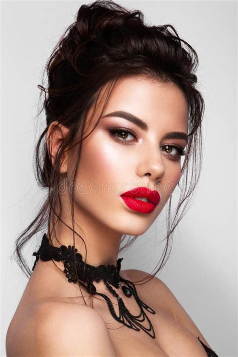Gorgeous Young Brunette Woman Face Portrait Red Lips Stock Image