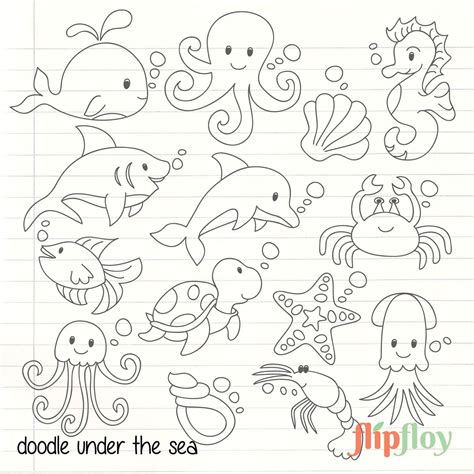 Doodle Cute Under The Sea Animal Instant Download 14 Etsy Sea
