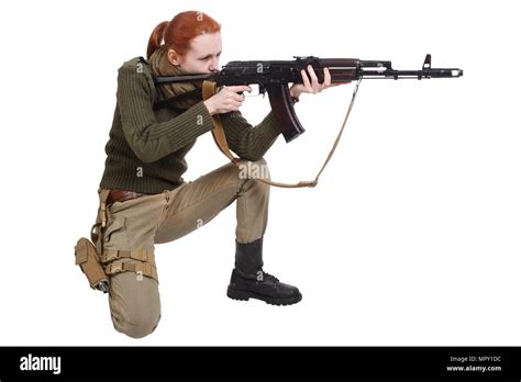 Girl Mercenary With Ak 47 Rifle With Kalashnikov Rifle Isolated On