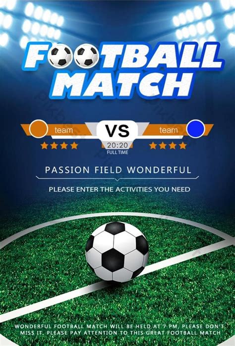 a soccer match flyer with a ball on the field
