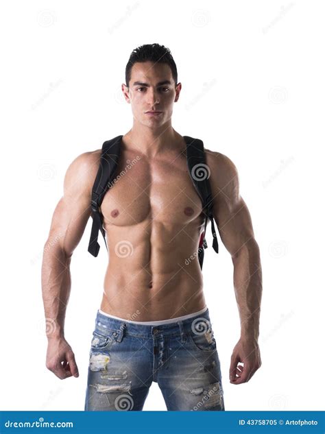 shirtless spier jonge mens met rugzak op zijn rug stock afbeelding image of rugzak exemplaar