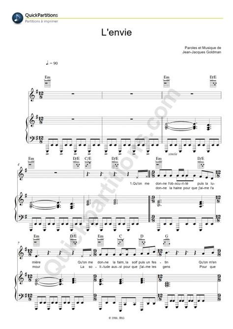 Imprimez la partition piano de Johnny Hallyday L envie Partition digitale à imprimer à l