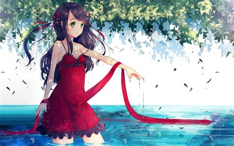 Red Dresses Water Leaves Anime Beautiful Girls Wallpaper