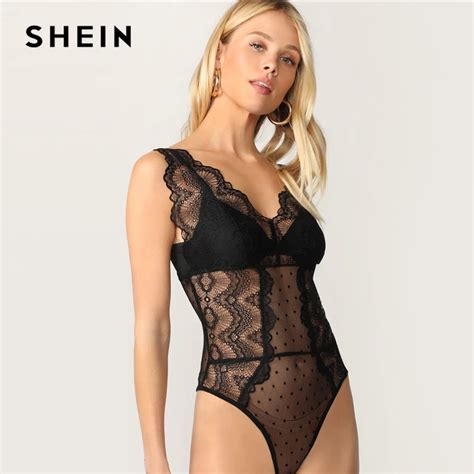 Aliexpress Com Buy SHEIN Swiss Dot Mesh Lace Bodysuit Without Bra Sexy Deep V Neck Spaghetti