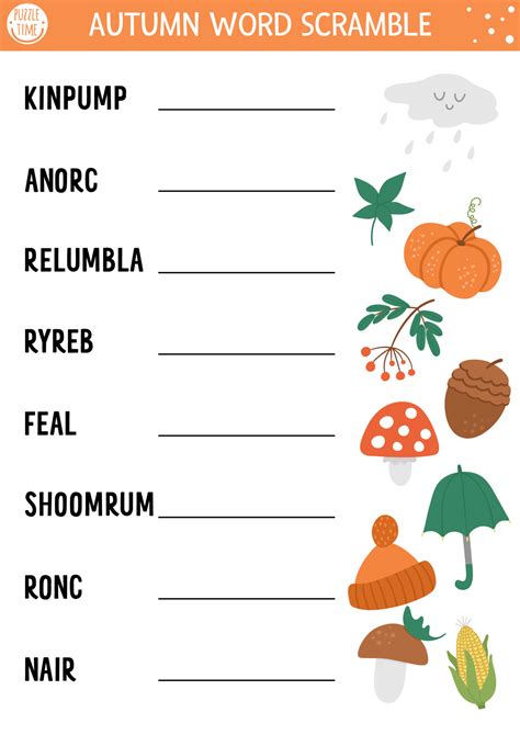 Vector Autumn Word Scramble Activity Page English Language Game With