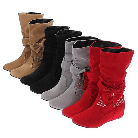 Buy Lady Women Sexy Winter Casual Faux Suede Boots Bow Mid Calf Flat Shoes At Affordable Prices