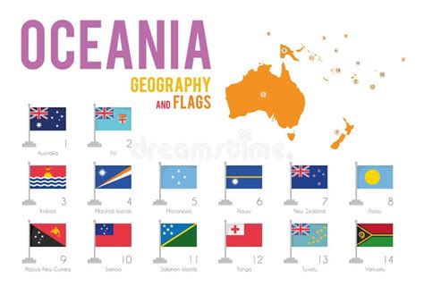 Set Of 14 Flags Of Oceania Isolated On White Background And Map Of