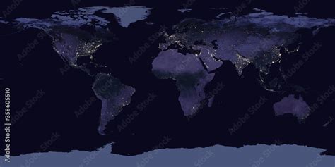 Equirectangular Projection Map Of The Night Side Of The Earth With City