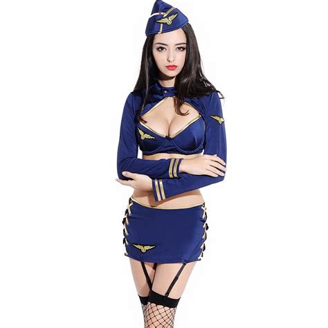 Blue Stewardess Cosplay Uniforms Sexy Woman Servant Waitress Costume