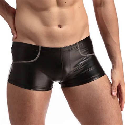 men faux leather boxers shorts underwear sexy performance stage slim black gay male underpants