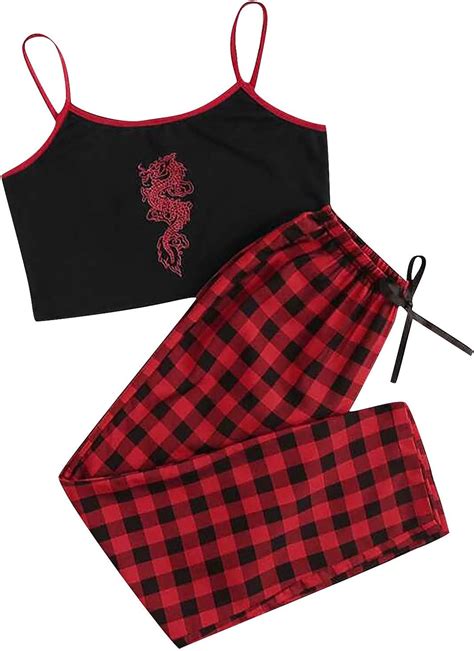 Yiouyisheng Sling Top Karierte Hose Pyjama Set Drachen Muster Rot Und Schwarz Sexy Nachtwäsche