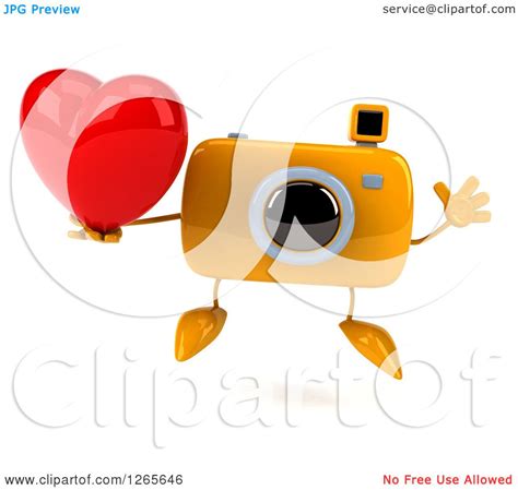 Clipart Of A 3d Yellow Camera Character Jumping With A Heart Royalty