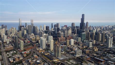 A view of tall Downtown Chicago skyscrapers, Illinois Aerial Stock ...