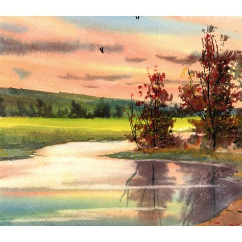 Watercolor Painting Landscape Painting Creek Print Sunset Tree Etsy