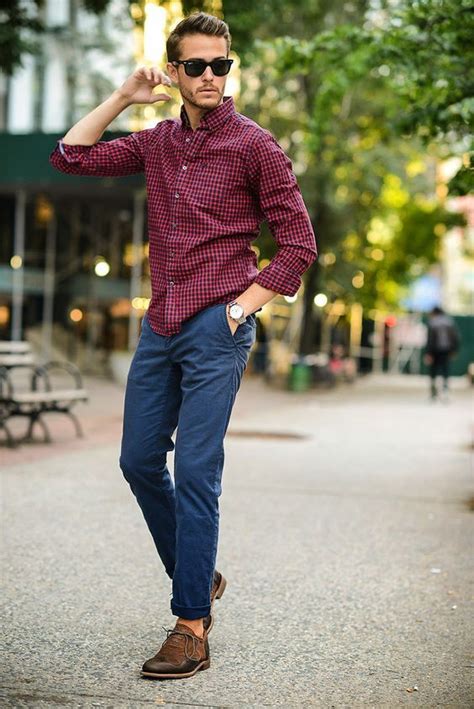Picture Of Navy Pants Brown Shoes And A Red Plaid Shirt