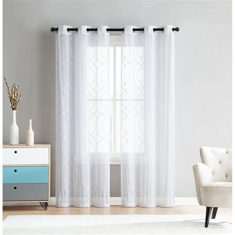 White Sheer Grommet Window Curtain Panel Pair With White Embroidered