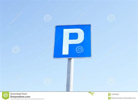 Parking P Sign Blue White Square Against Sky Background