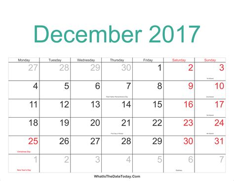 December 2017 Calendar Printable With Holidays Whatisthedatetodaycom