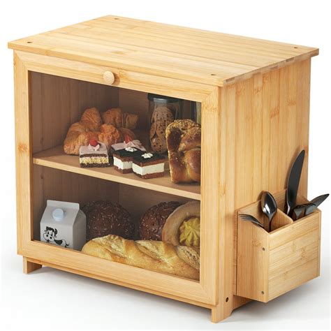 Ollieroo Bamboo Bread Box 2 Layer Kitchen Countertop Bread Bin Cake Box