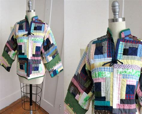 Handmade Patchwork Quilted Jacket Log Cabin Pattern Tie Etsy