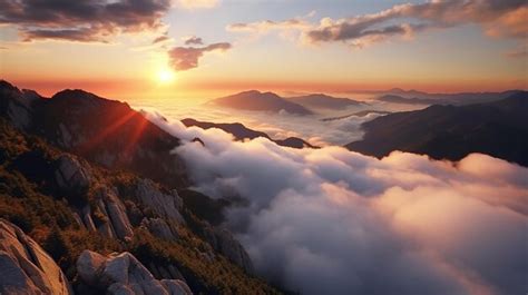 Premium Ai Image Stunning Sunset Scene Atop A Mountain