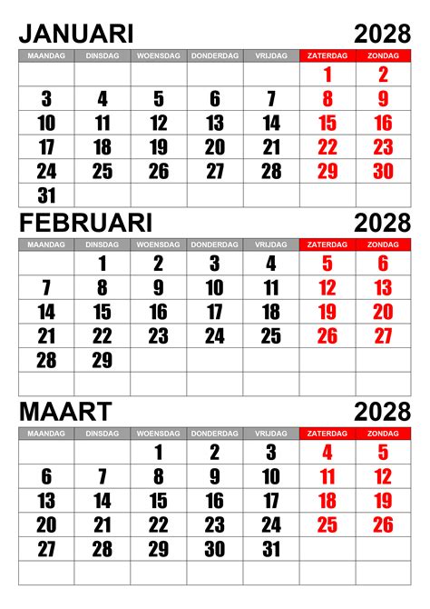 Kalender Januari Februari Maart 2028