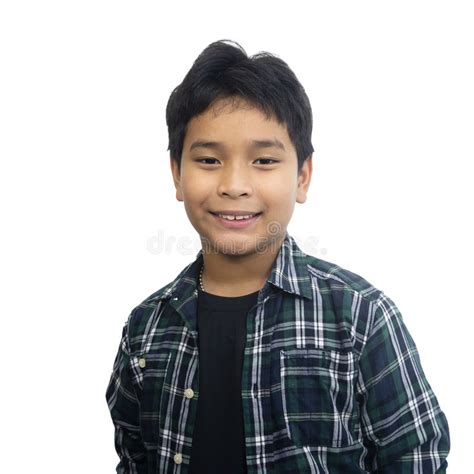 Happy Young Asian Boy Standing Isolated Over White Background Stock